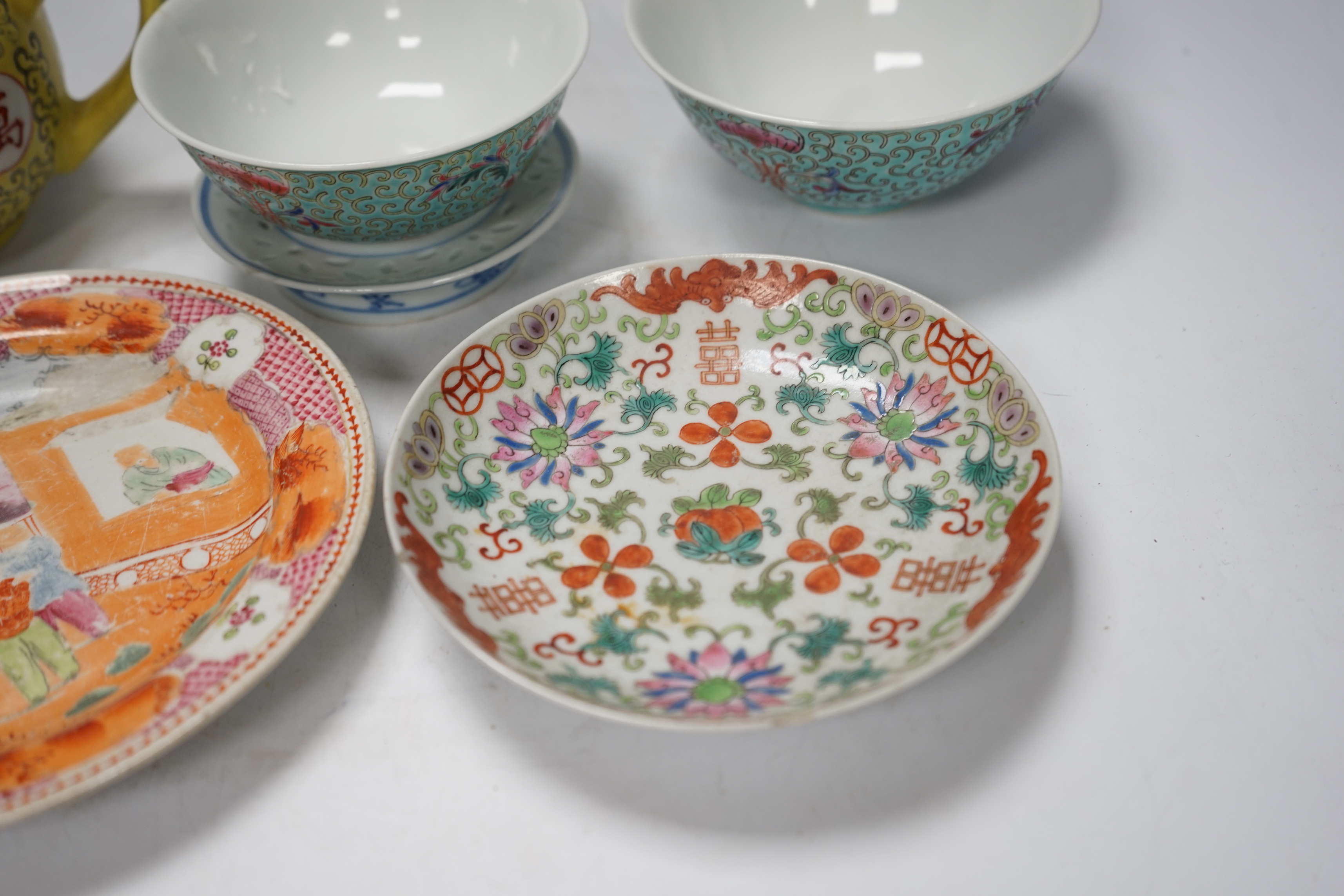 Six Chinese ceramic items; a teapot, two bowls and three small dishes, teapot 10cm